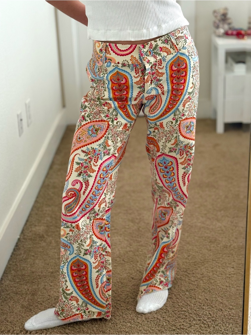 J. Crew Cream Paisley Wide-Leg Pants with Red & Blue Accents